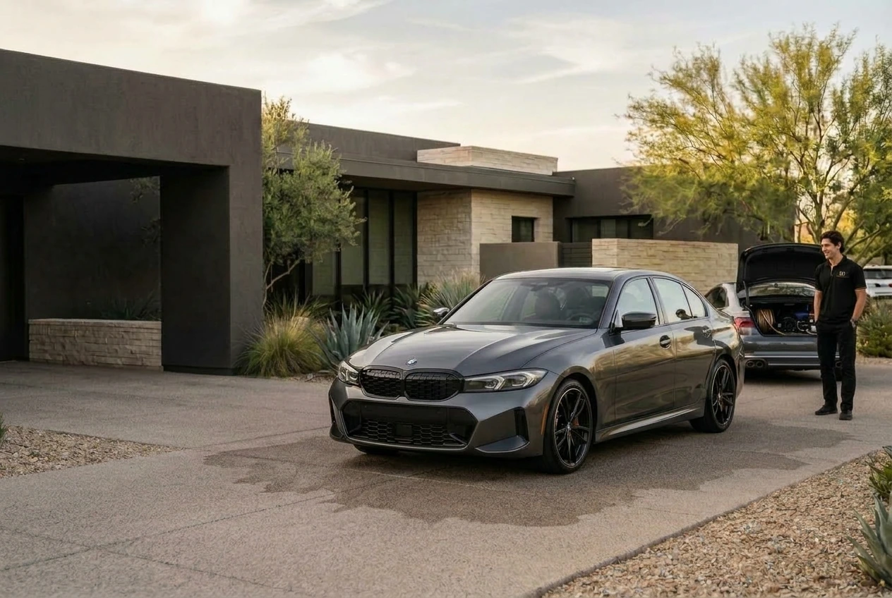 A freshly maintained BMW in an Arizona driveway, with the home and trees visible and the operator admiring the car beside his equipped, open-trunk Audi.